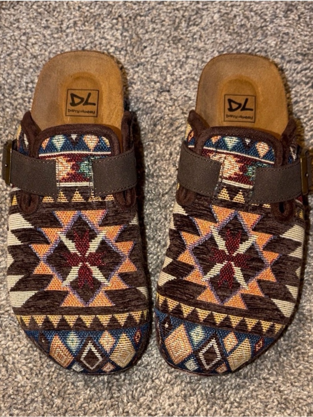 Dirty Laundry Brown Multi Tribal-Print Clog Mules size 38/7.5